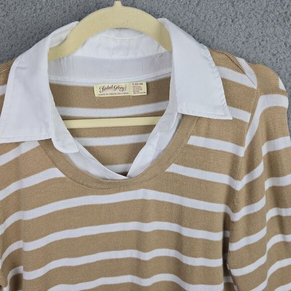 Faded Glory Shirt Sweater Tunic Top L Taupe White Striped Collared Preppy Modern - Picture 6 of 15